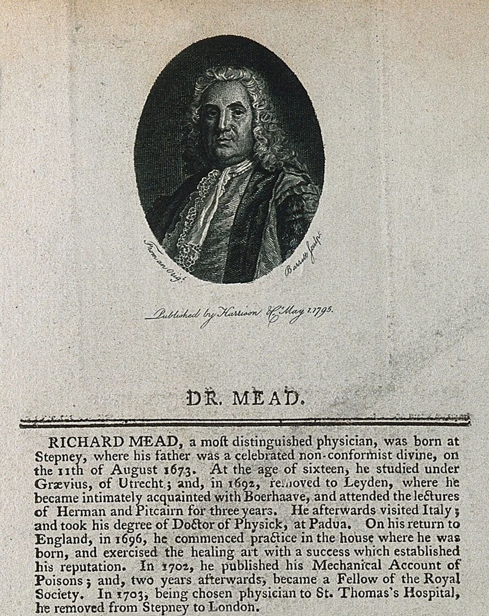 Richard Mead. Line engraving by Barrett, 1795, after A. Ramsay.