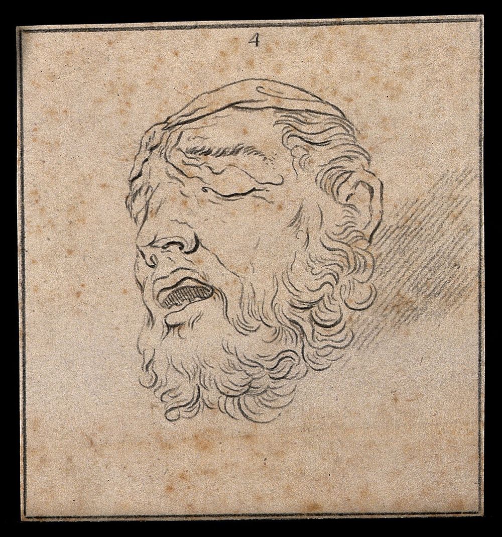 Physiognomy showing a man trying to control himself under the duress of pain. Drawing, c. 1789, after A. Schluter.