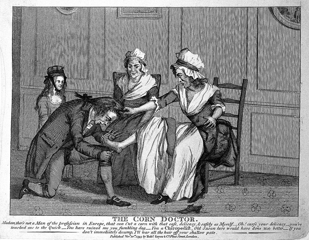 A woman withdrawing her foot in outrage from the care of a corn-cutter who has pretensions to be called a chiropodist.…