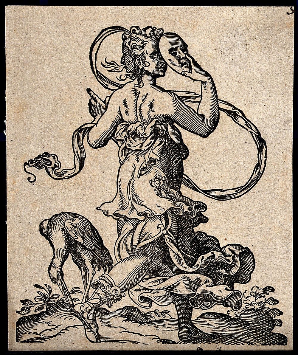 A woman striking a pose in masque costume, with a stork or crane. Woodcut by T. Stimmer, 1580.