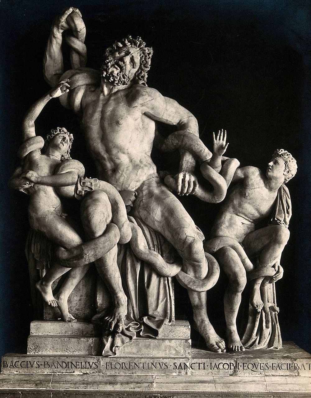 Laocoön and his sons, attacked by sea snakes. Photograph, ca. 1870, of a sculpture by Baccio Bandinelli, ca. 1530, after a…