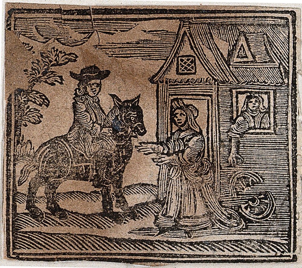 Witchcraft: a man on horseback visits a woman, while inside a house another woman points to a broken wheel. Woodcut, 1720.