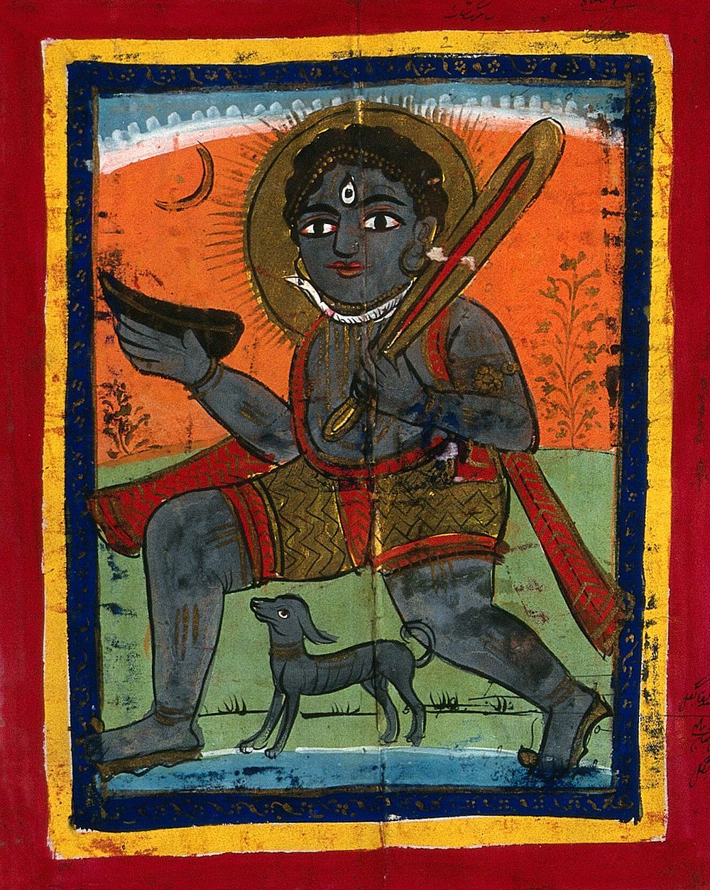Page 132: Bhairava with his attributes (a dog, a club and a bowl). Gouache painting.