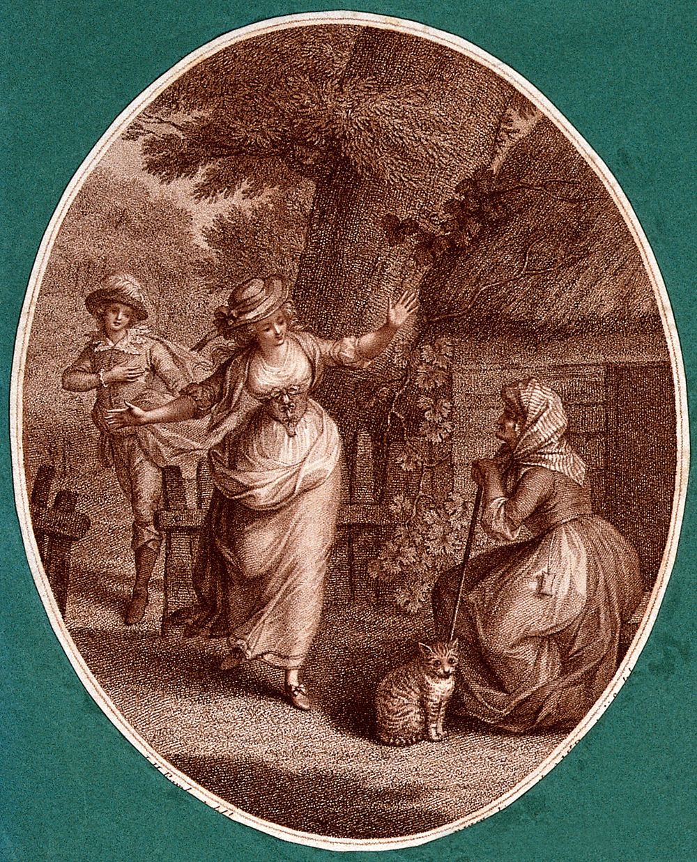 A girl closely followed by a young man rushes towards an old lady sitting on a stool outside a cottage. Stipple engraving.