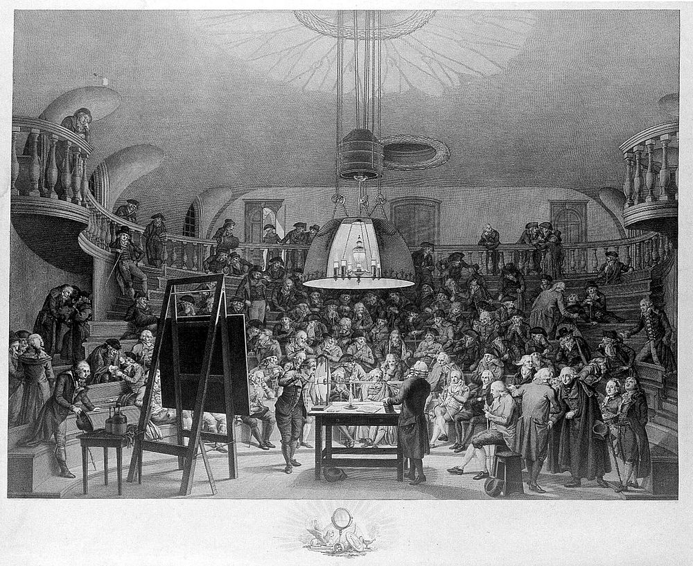 J.H. van Swinden demonstrating the generation of electricity to the Felix Meritis Society, Amsterdam. Engraving by R.…