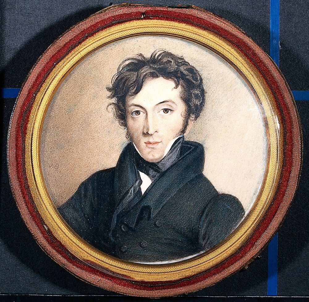 A young man designated as Alfred Swaine Taylor, head and shoulders. Gouache painting.
