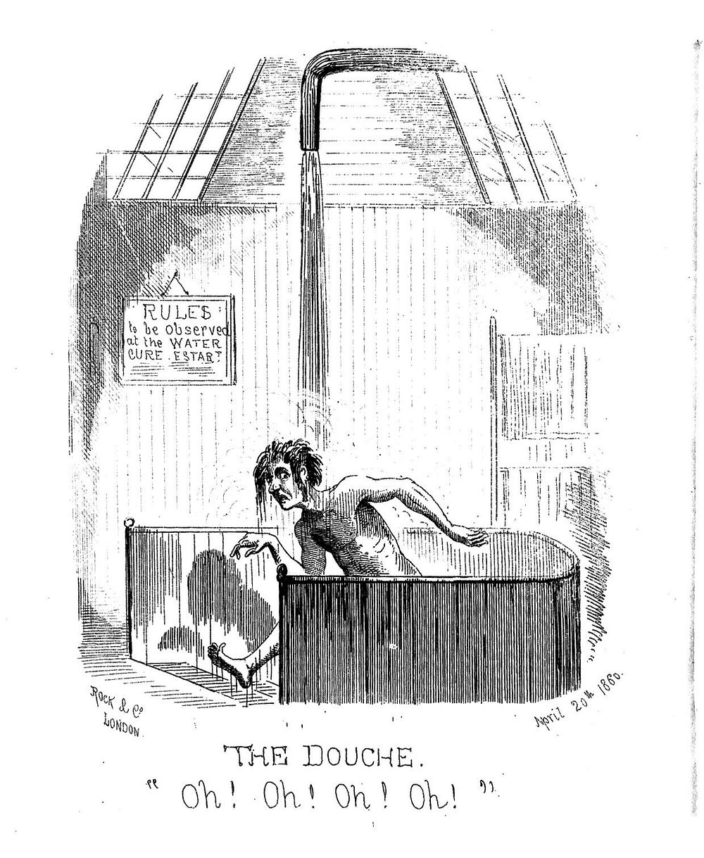 A man taking a shower as part of a hydrotherapeutic cure. Wood engraving by O.T., 1860.