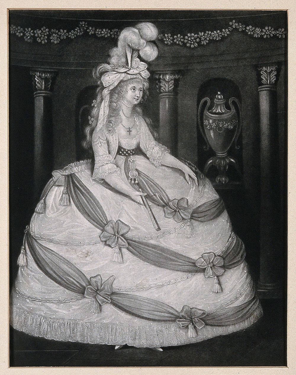 Caroline of Brunswick, Princess of Wales, wearing a lavish dress and a high head-dress of feathers. Mezzotint, 1795.
