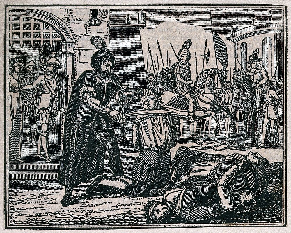 A blindfolded young man is kneeling down about to be beheaded with a sword. Wood engraving.