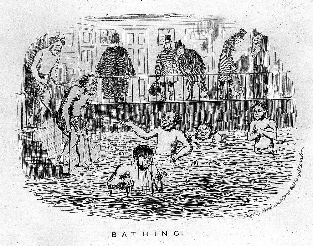 A man with crutches is going down the steps of a swimming pool; men wearing top hats in the background. Etching, ca. 1870.