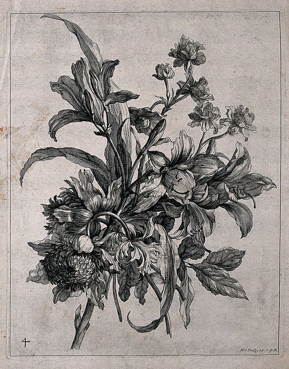 Floral bouquet, with some lilies. Engraving by N. de Poilly, ca.1660, after himself.