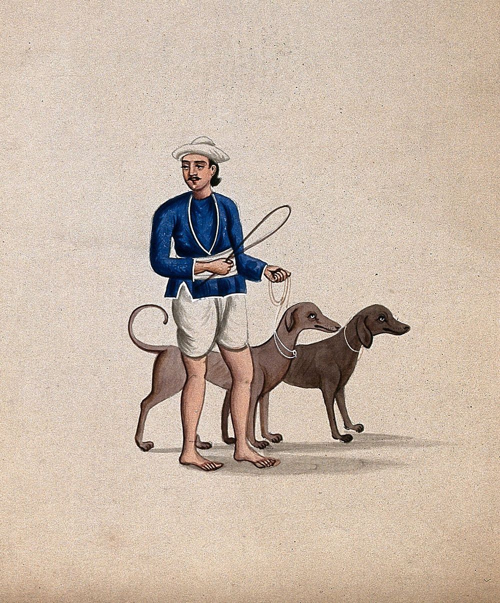 A dog keeper with two dogs. Watercolour by an Indian artist.