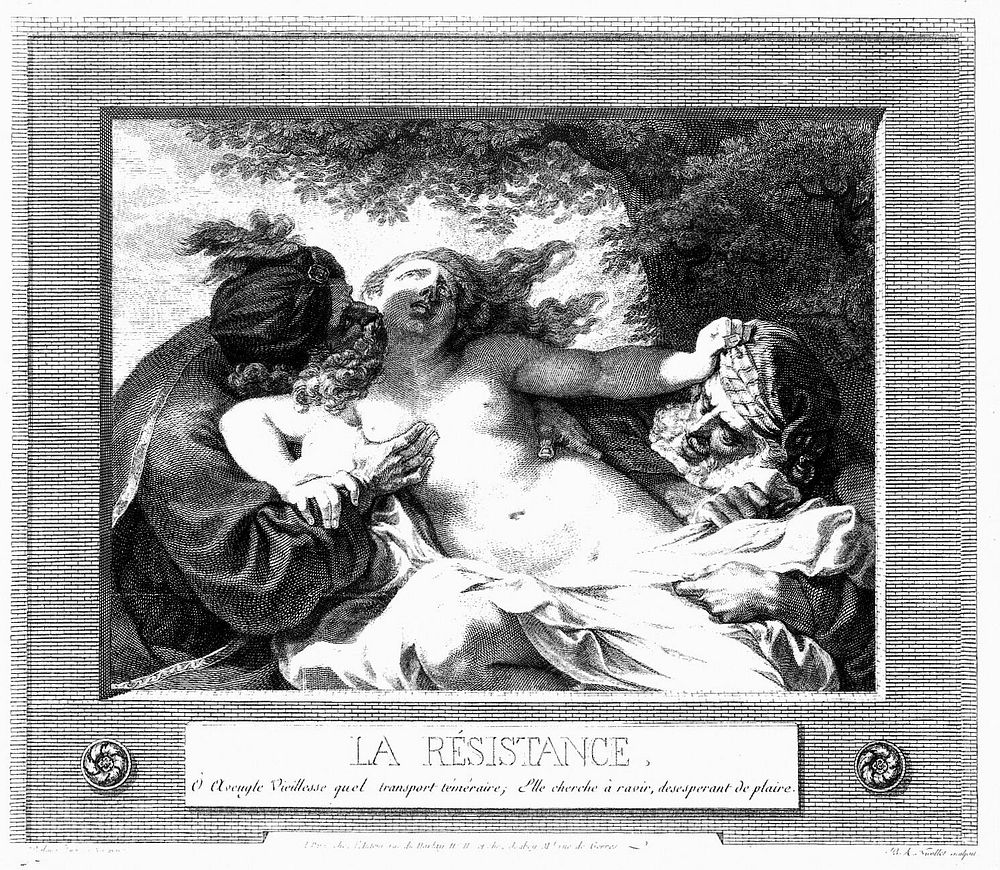 Two old men attempt to force their attentions on a young woman. Engraving by B.A. Nicollet after J.B. Deshaÿes.