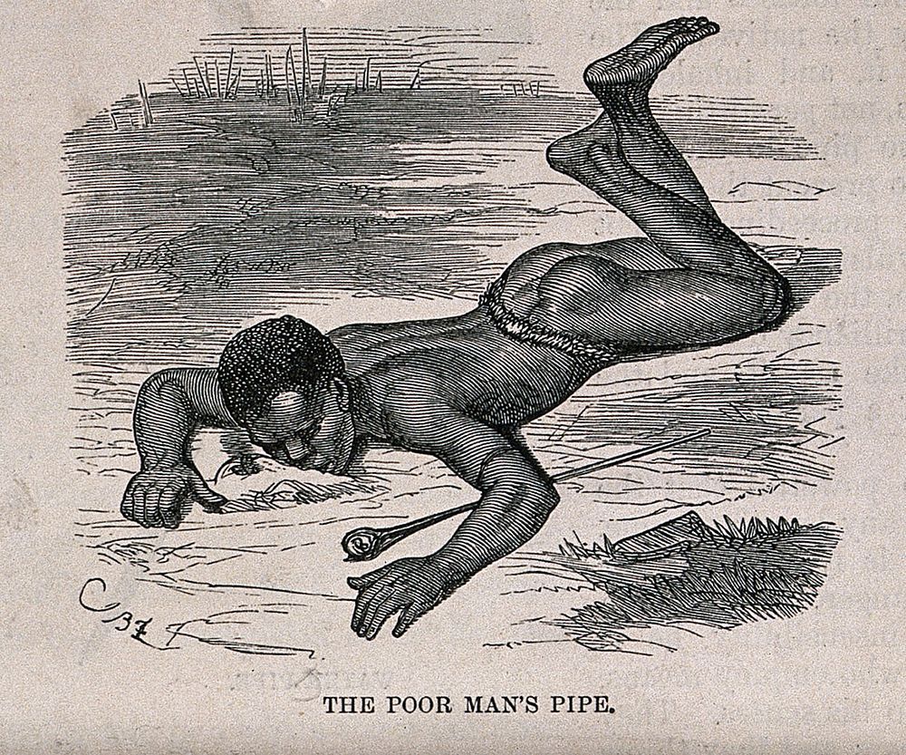 A poor African man lying by his pipe. Wood-engraving.