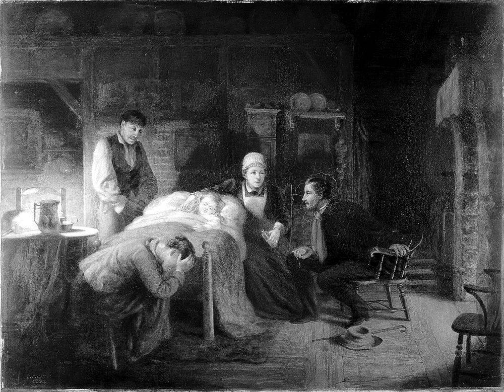 "Anxious moments": a sick child, its grieving parents, a nursemaid and a medical practitioner. Oil painting attributed to…