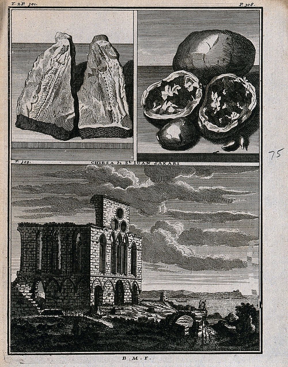Plates of a cleft fossil, melons of stone and the ruined church of St. Iuan d'Akari. Line engraving after C. de Bruins…