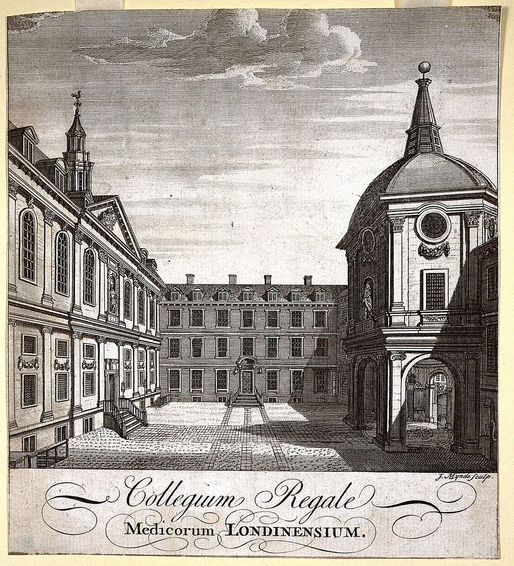 Royal College of Physicians: the courtyard, viewed from the south. Engraving by J. Mynde, 1746.