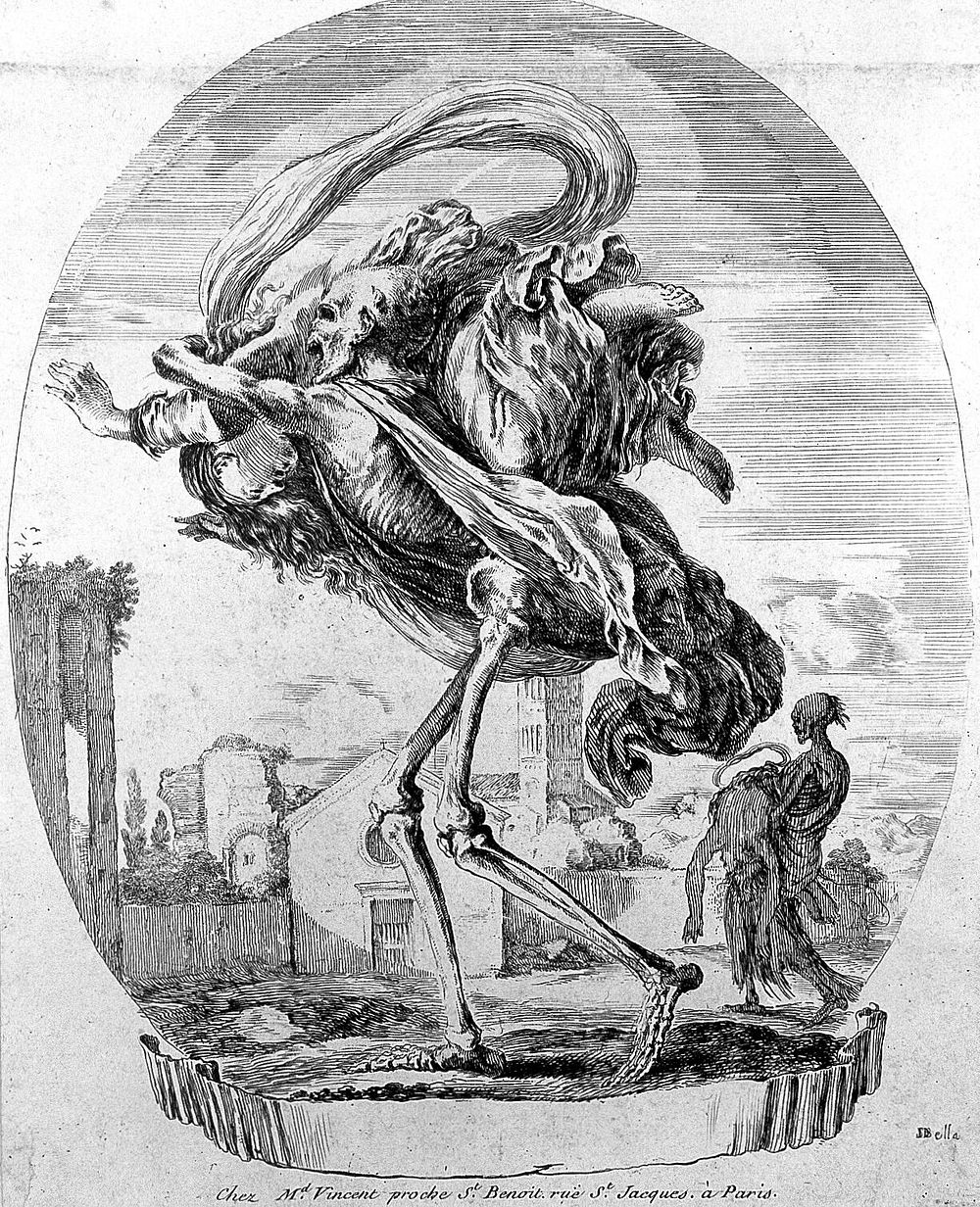 Death carries a woman over his shoulders. Etching by Stefano della Bella.