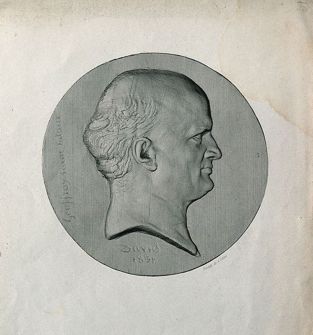 Etienne Geoffroy Saint-Hilaire. Line engraving by A. Collas after P. J. David d'Angers, 1830.