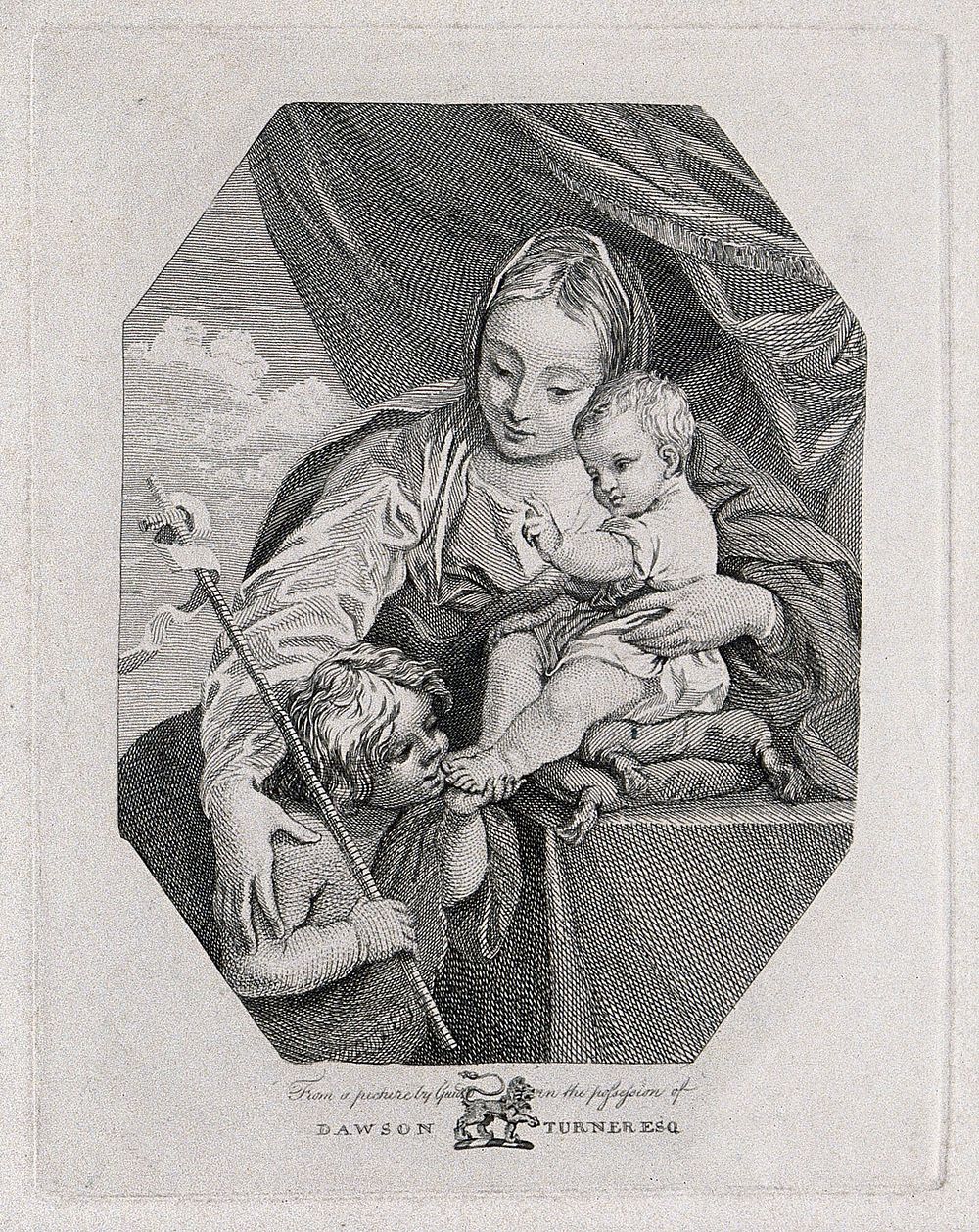 Saint Mary (the Blessed Virgin) with the Christ Child and Saint John the Baptist. Etching after G. Reni.