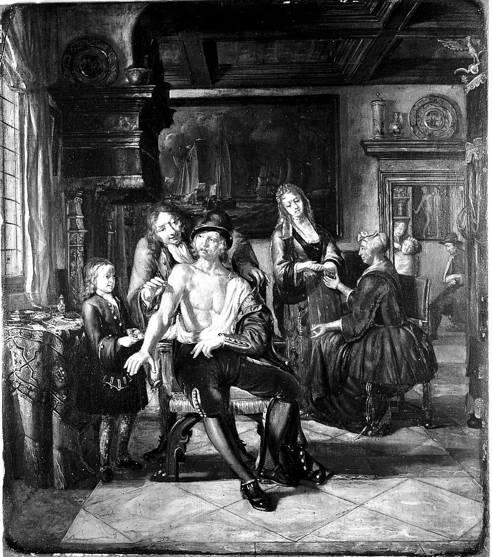 Interior of a surgery with a surgeon treating a wound in the arm of a man, with a boy and five other figures. Oil painting…