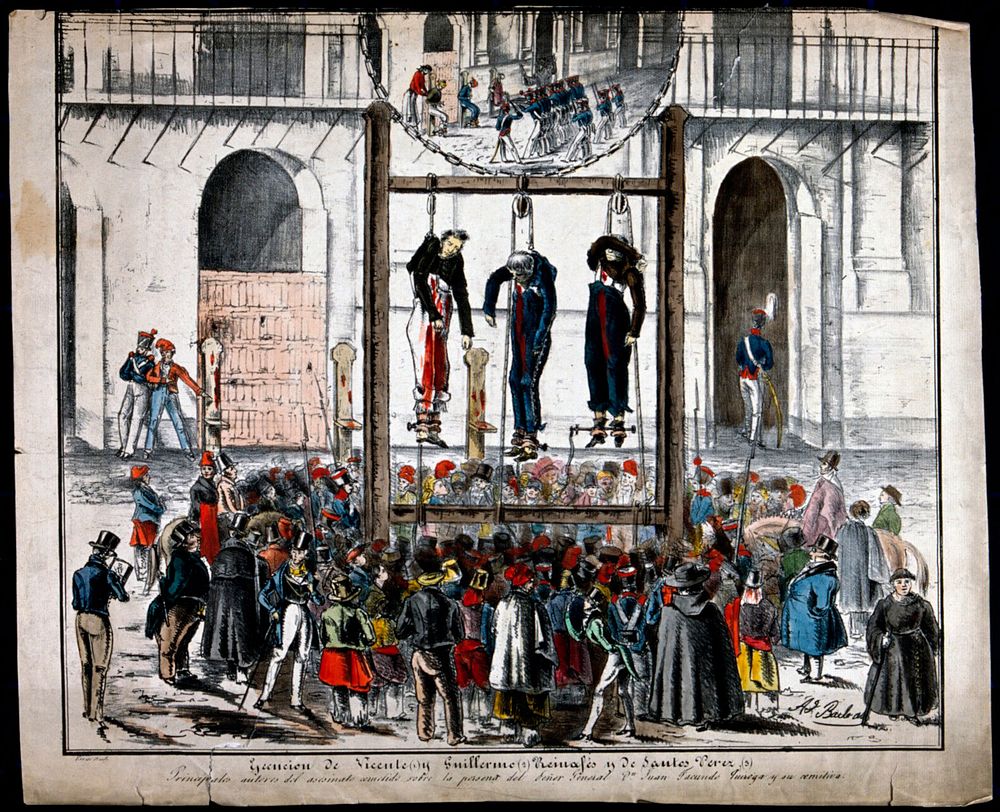 A public execution in a Spanish market place: three men are hanging from a gibbet after having been shot. Coloured…