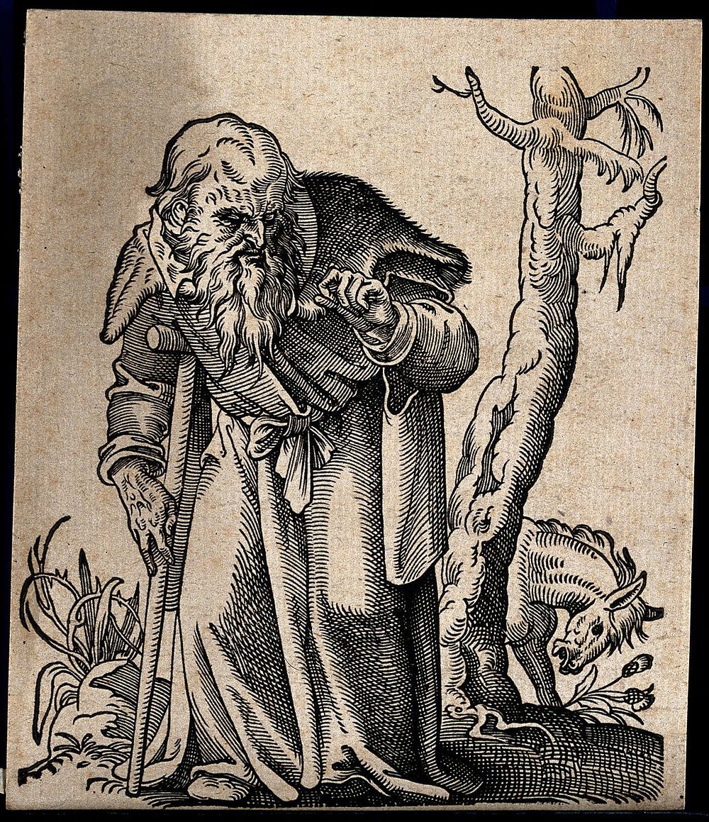 A hunch-backed old man supported by a crutch with a whinnying horse behind. Woodcut by Tobias Stimmer, 1580.
