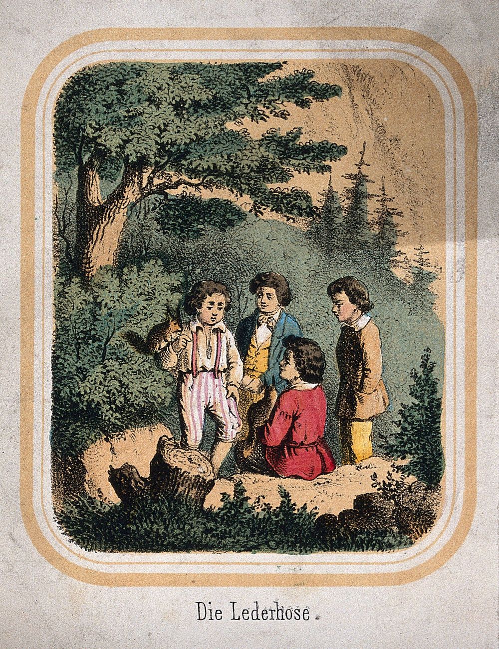 A group of boys are sitting on rocks, two of them have squirrels with them. Coloured lithograph.