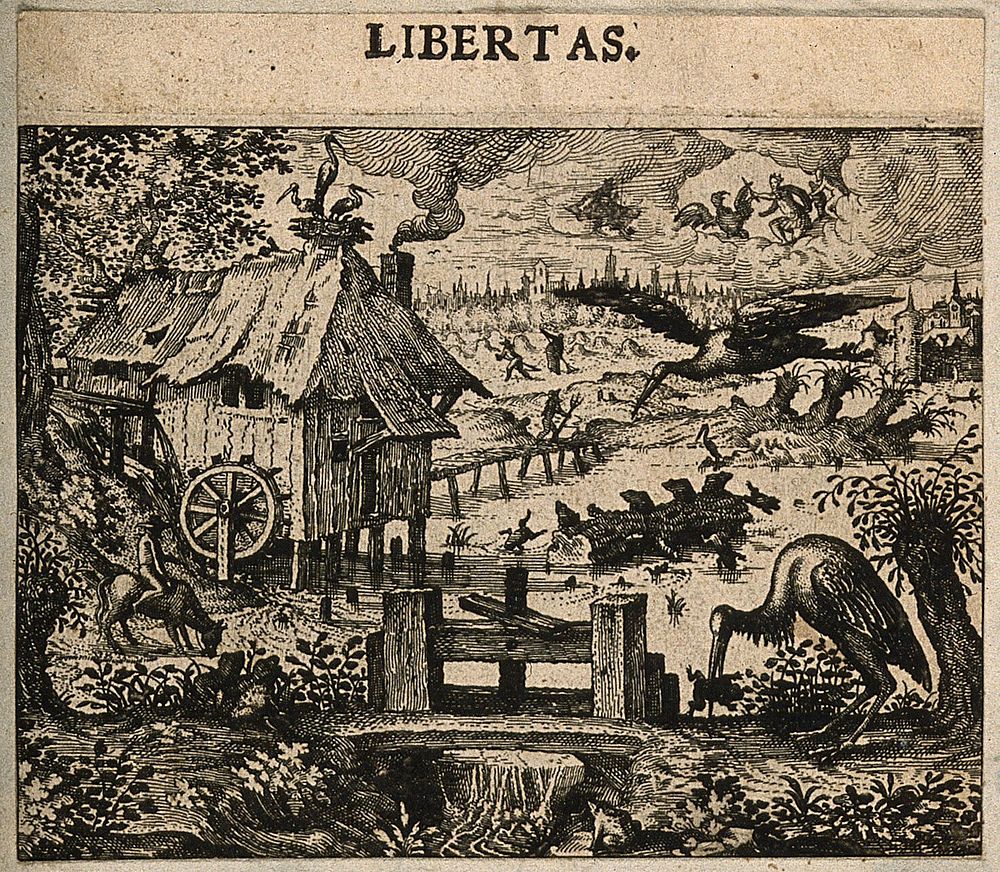 A stork impales a frog in a peaceful scene by a river; allegory of freedom. Etching by C. Murer after himself, c. 1600-1614.
