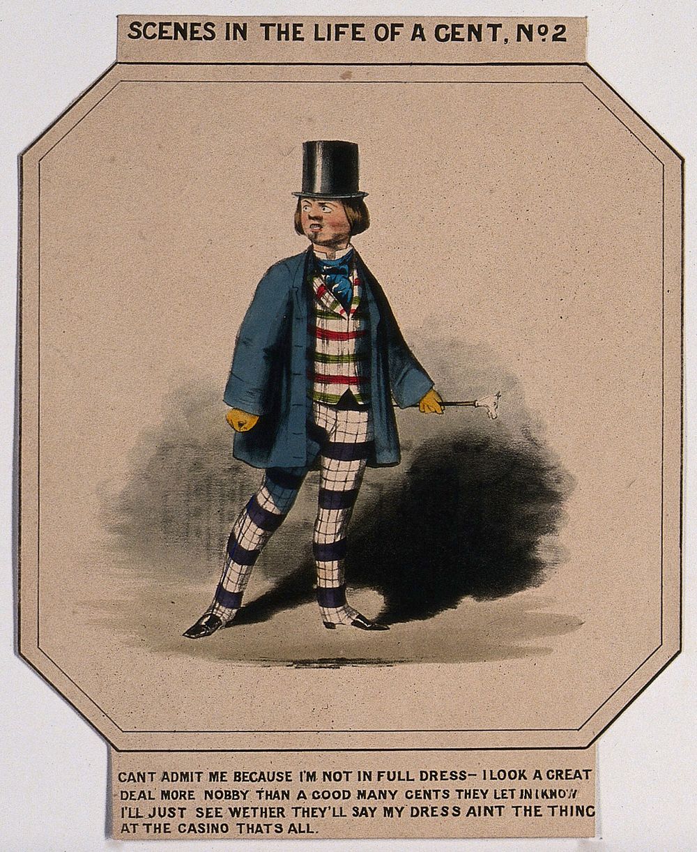 A man is wearing fashionable dress (a pair of checked trousers, a jacket, cravat and gloves), carries a cane and wears a top…