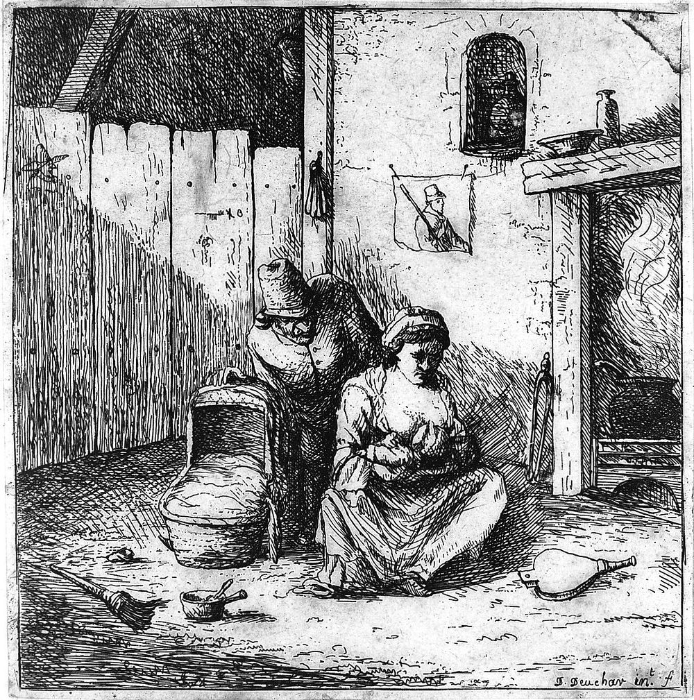 A man observing his wife breast feed their child. Etching by D. Deuchar.