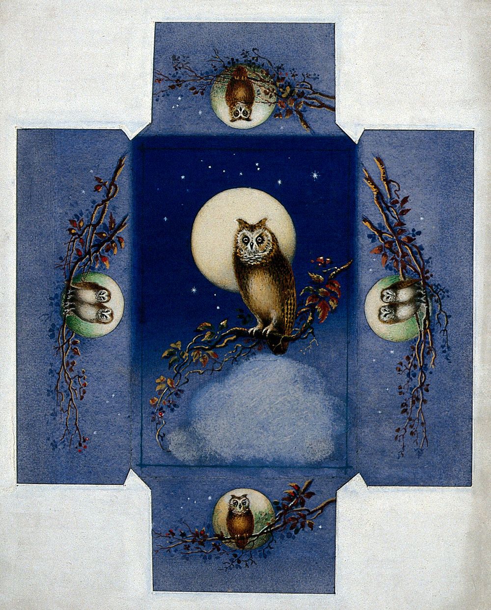 Design for a box with owls perched on branches against a full moon. Gouache.