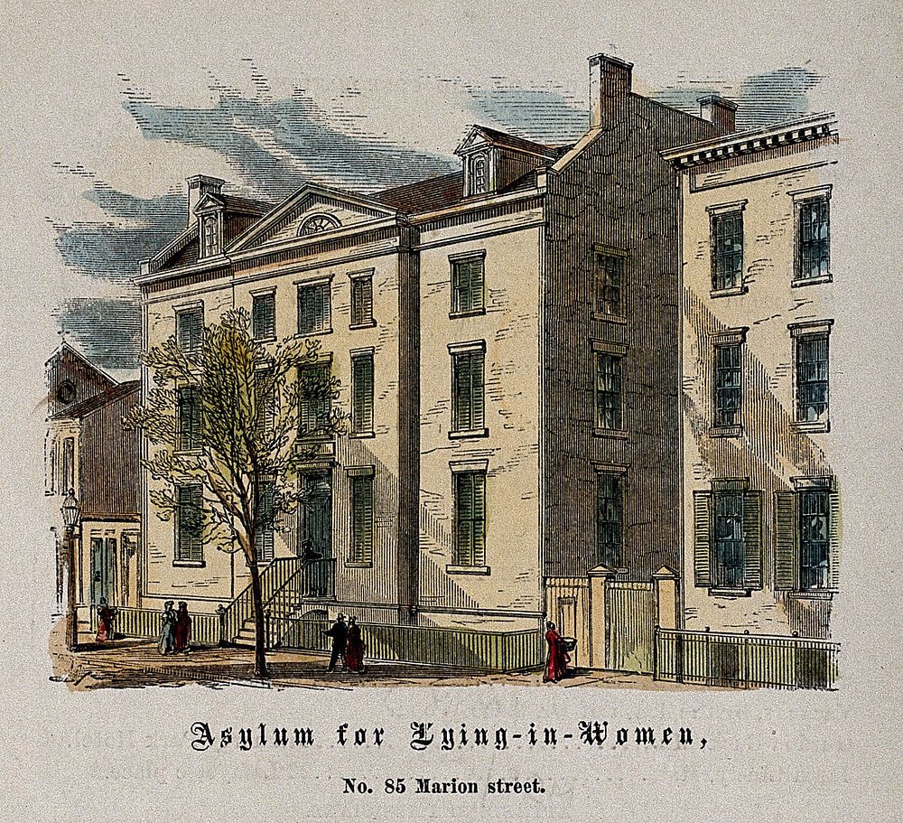 Asylum for Lying-in-Women. Coloured wood engraving.