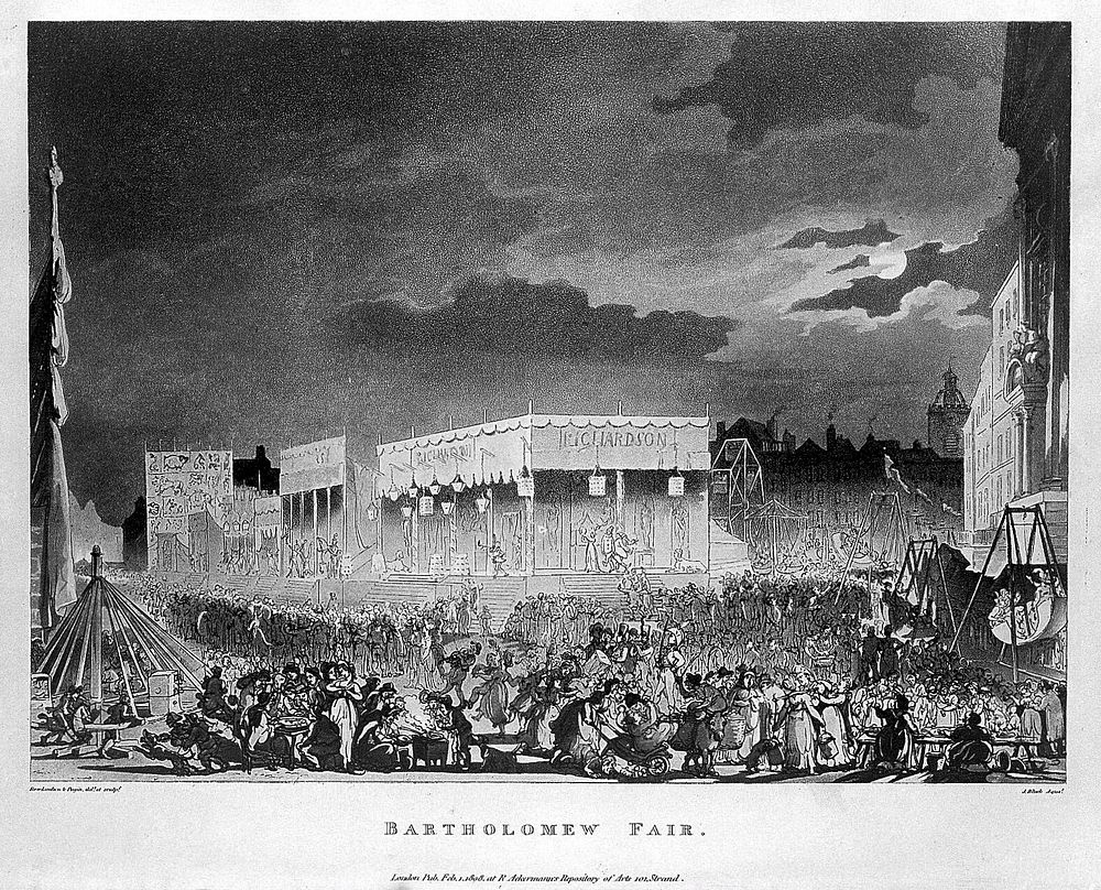 Bartholomew Fair, London: scene of night-time revelry at the fair in Smithfield, outside St Bartholomew's Hospital. Coloured…