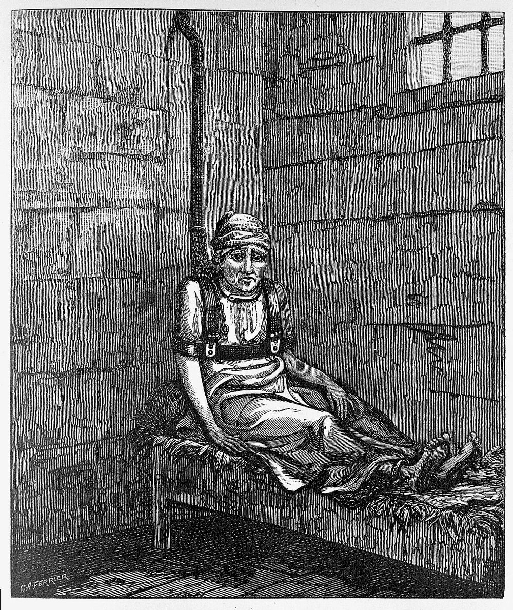 William Norris confined in Bethlem Hospital for 12 years. From etching by G. Cruikshank, circa 1820 after drawing from the…
