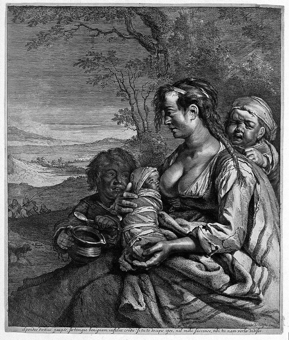 A woman breastfeeding her baby and looking after two small children in a rural setting. Engraving.