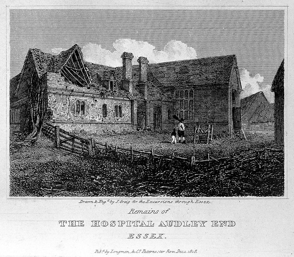 Ruins of Audley End hospital, Essex. Engraving and drawing by J. Greig, 1818.