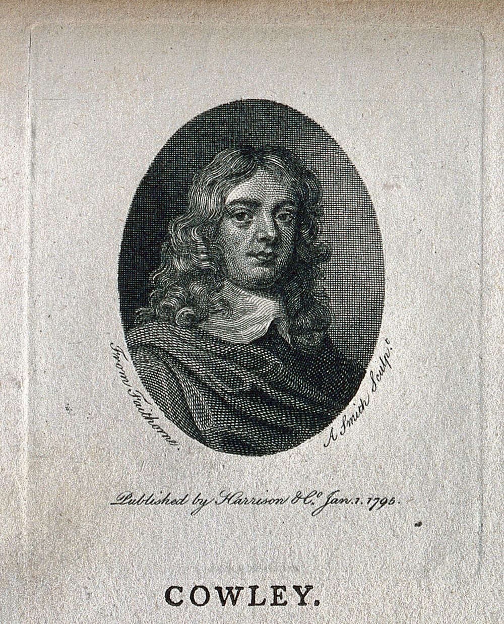 Abraham Cowley. Line engraving by A. Smith after W. Faithorne after Sir P. Lely.