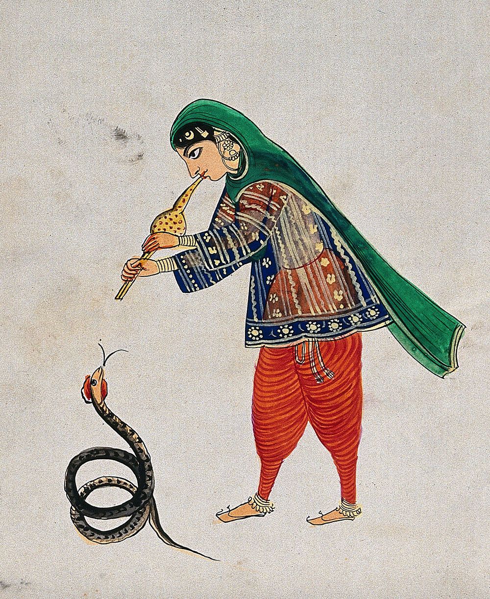 A female snake charmer plays the flute to rouse the snake. Gouache painting by an Indian artist.