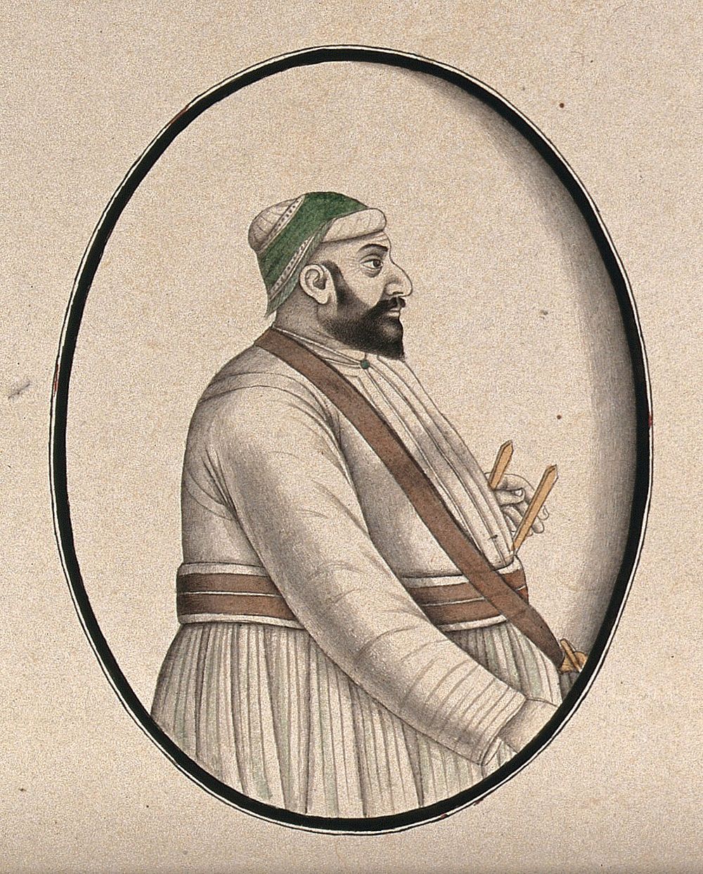 A portly Mughal courtier with a pointed beard. Watercolour drawing by an Indian artist.