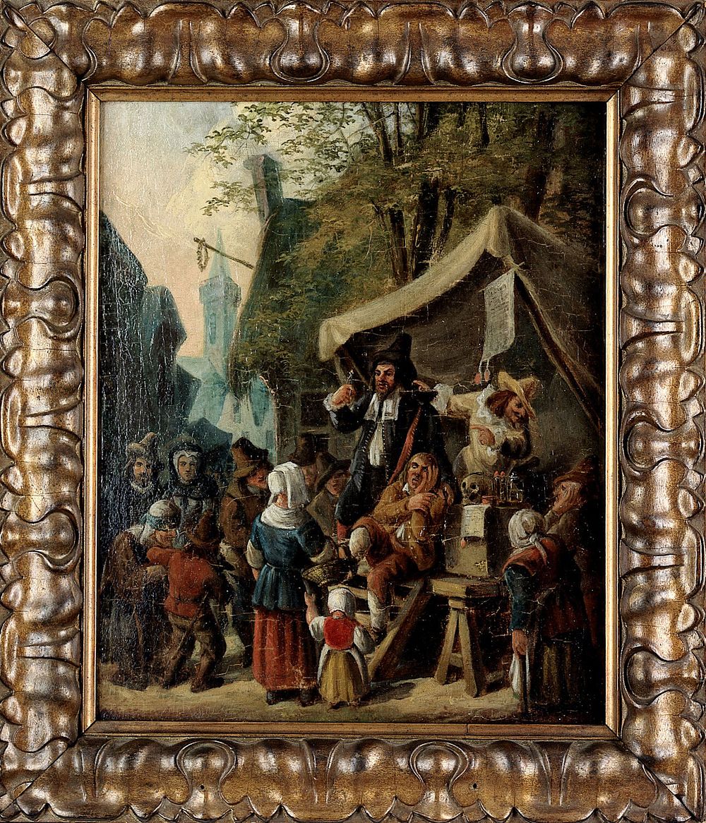 Quacks on stage, with many figures around. Oil painting attributed to a Netherlandish painter.