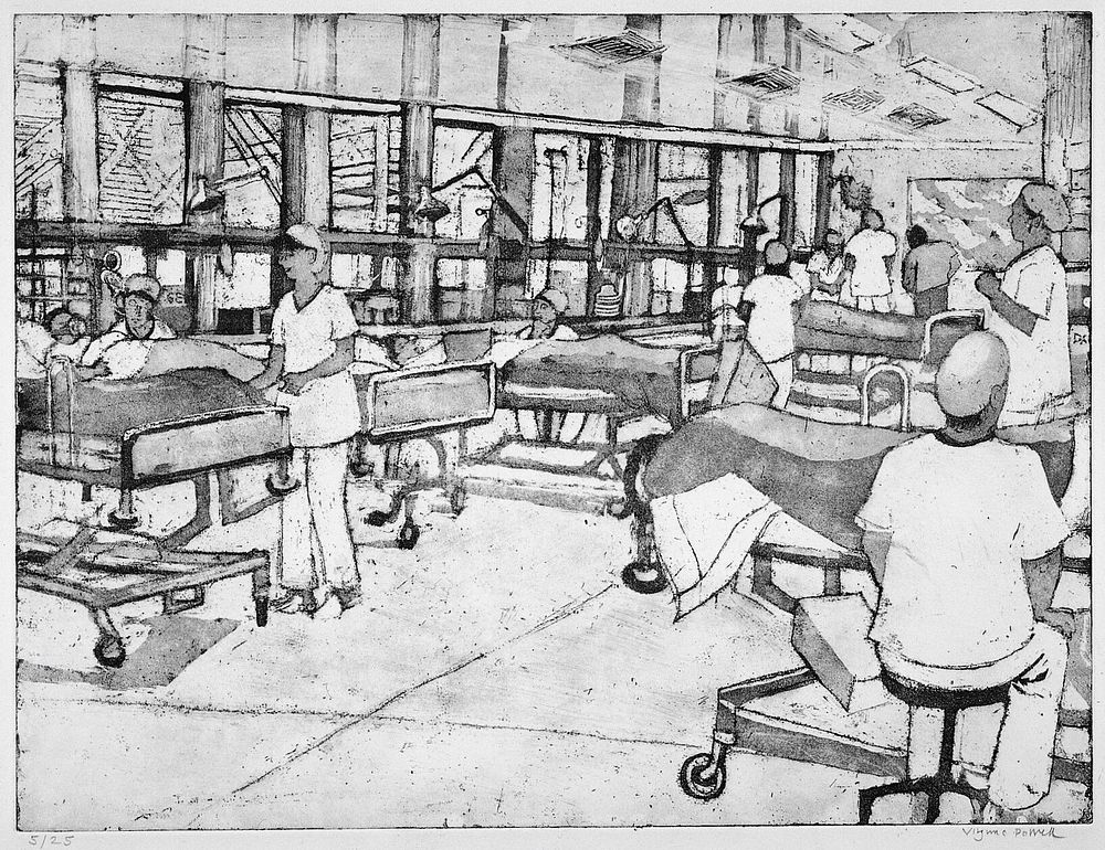 The recovery room, in which patients recover from a surgical operation. Soft-ground etching and aquatint by Virginia Powell…