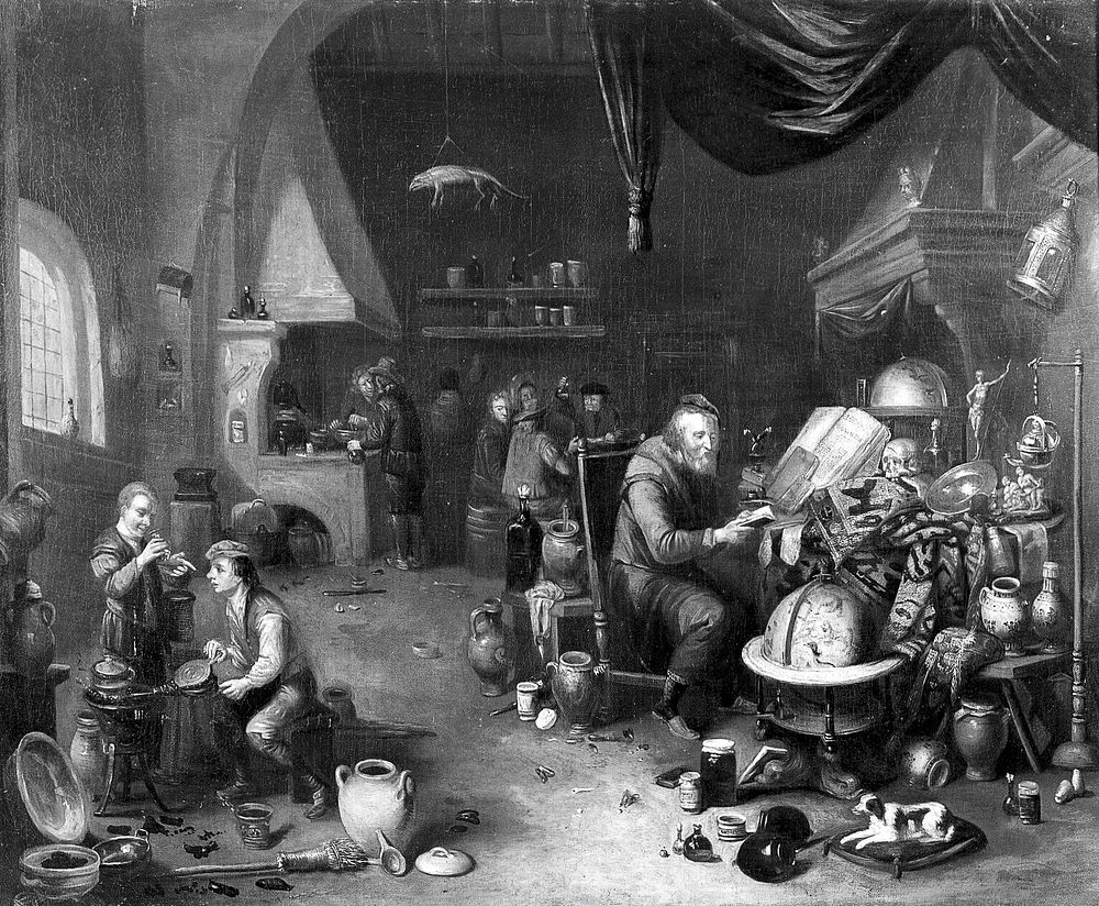 An alchemist in his laboratory. Oil painting by or after B. van den Bossche or G. Thomas.