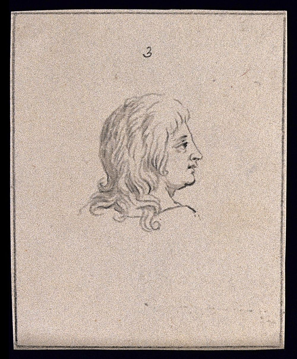 An ideal human head looking at something distant. Drawing, c. 1794, after N. Poussin.