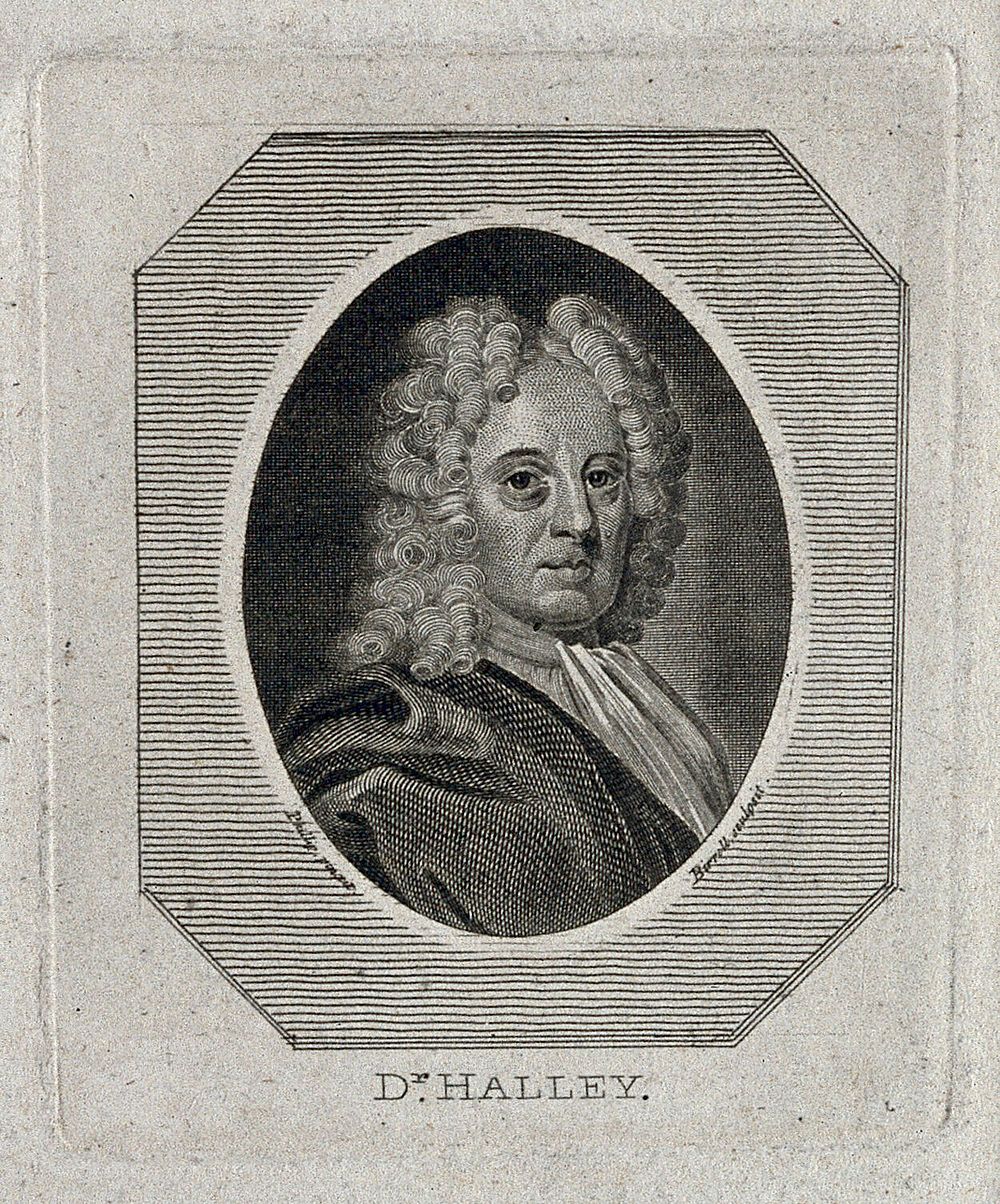 Edmund Halley. Line engraving by A. Birrell, 1795, after R. Phillips.