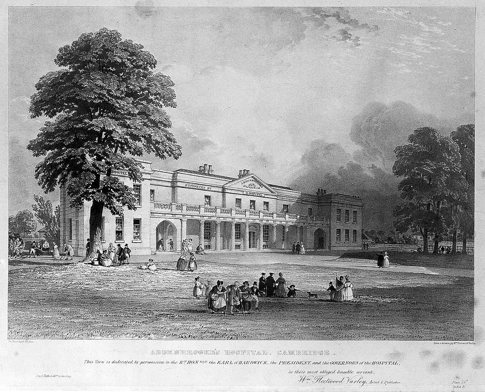 Addenbrooke's hospital and grounds, Cambridge. Lithograph by A Picken after W. Fleetwood Varley.