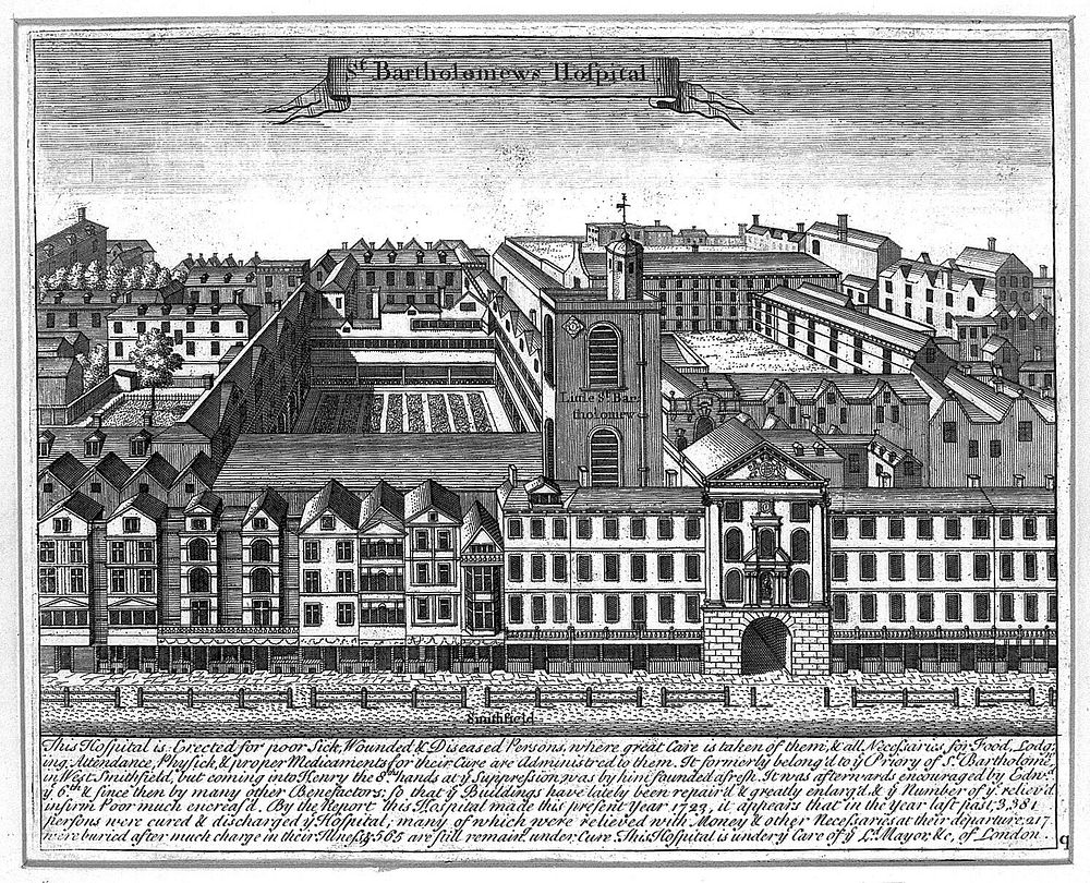 St Bartholomew's Hospital, London: a bird-eye view of the courtyard from Smithfield. Engraving.