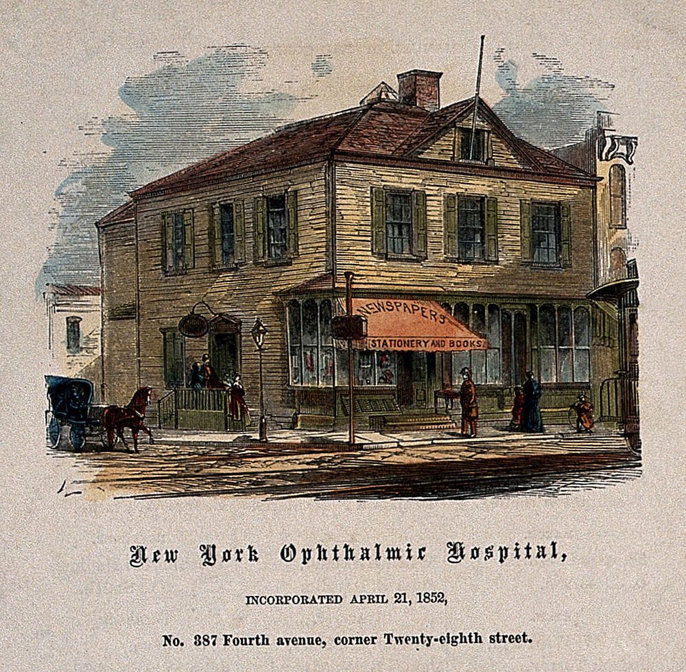 Ophthalmic Hospital, New York City. Coloured wood engraving.