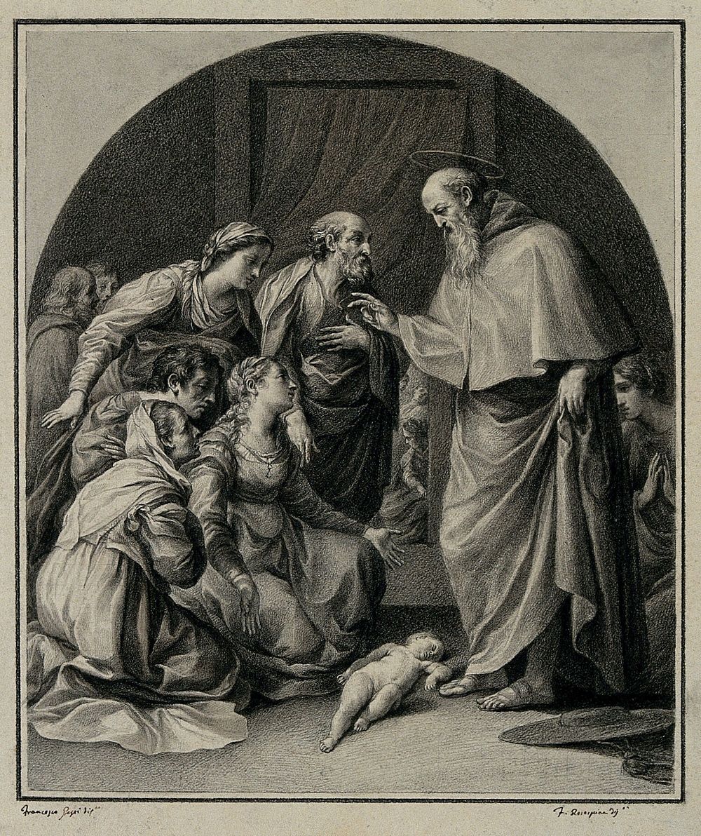Saint Bonaventure resuscitates a dead child. Drawing by F. Rosaspina, c. 1830, after F.G. Gessi.