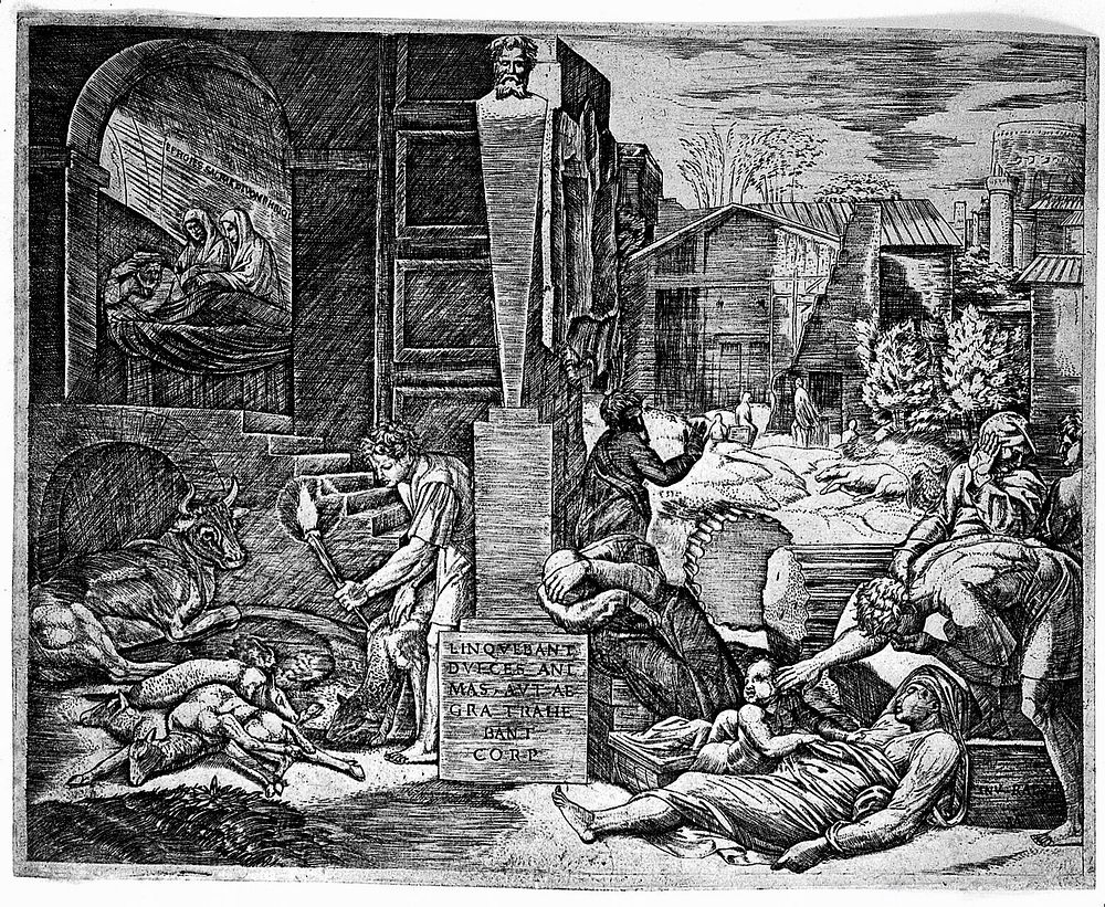 Plague in Phrygia. Engraving by M. Raimondi after Raphael after Virgil.
